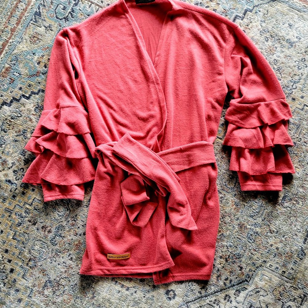 Womens L Simply Southern Coral Ruffle Sleeve Cardigan